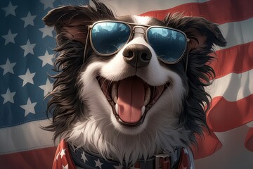 A cute border collie wearing sunglasses poses in front of an American flag
