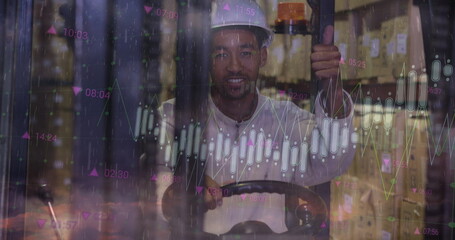 Image of graphs over biracial male warehouse worker