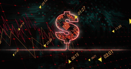 Image of data processing over dollar icon with computer circuit board on black background