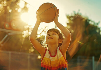 a happy young girl playing basketball, wearing a colorful t-shirt on the court with the sun shining...