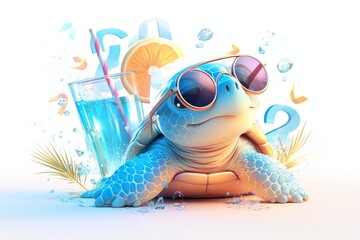 Cute colorful turtle with sunglasses annd a tropical drink on a white background