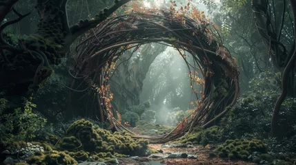 Rolgordijnen Sprookjesbos enchanting portal arch made of intertwined tree branches in a mystical forest fantasy concept illustration