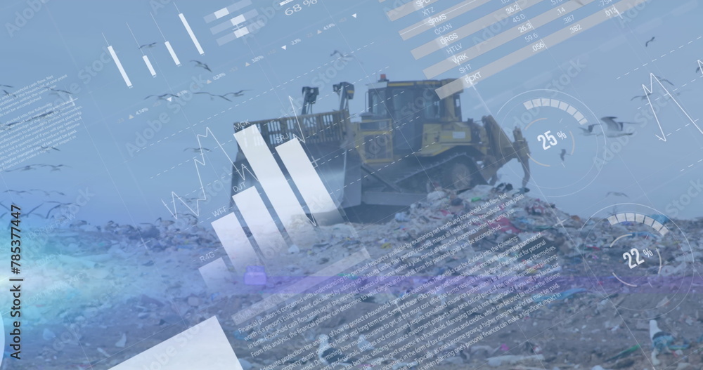 Poster image of graph and data over bulldozer on waste dump