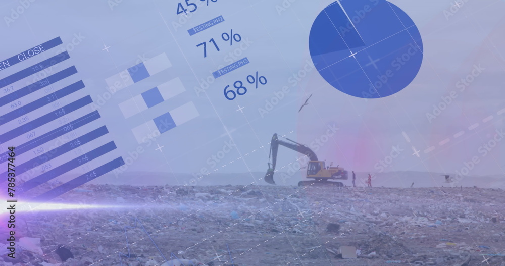 Poster image of multiple graphs with database moving over bulldozer unloading garbage at landfill