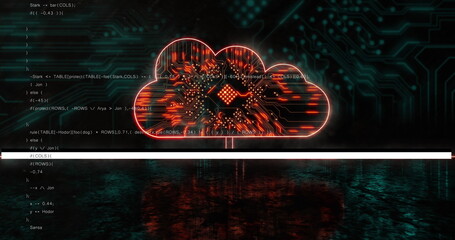 Image of data processing over cloud icon with computer circuit board on black background