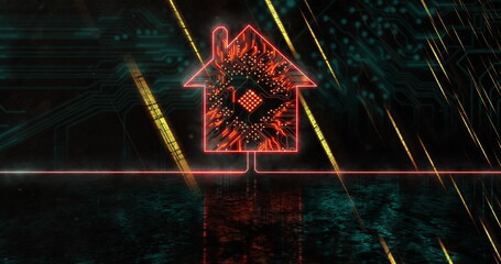 Image of light trails over house icon with computer circuit board on black background