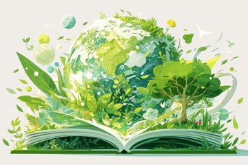 Open book with the world and greenery coming out, with cutout leaves in various shapes on top of it. 