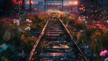 railroad track covered with flowers. a broken old train, worn out by age