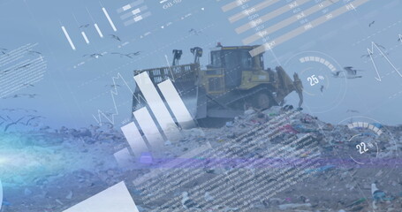 Image of graph and data over bulldozer on waste dump