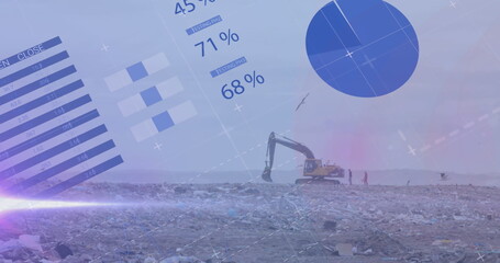 Image of multiple graphs with database moving over bulldozer unloading garbage at landfill