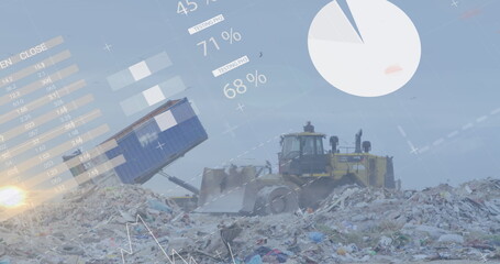 Image of multiple graphs with database moving over bulldozer unloading junk at landfill - Powered by Adobe