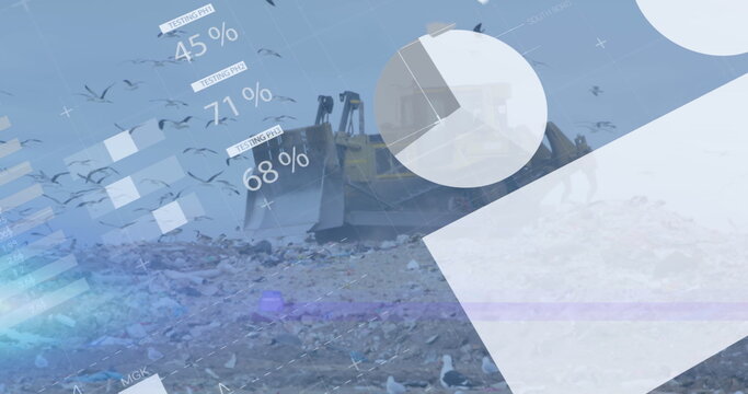 Image of graph and data over bulldozer on waste dump