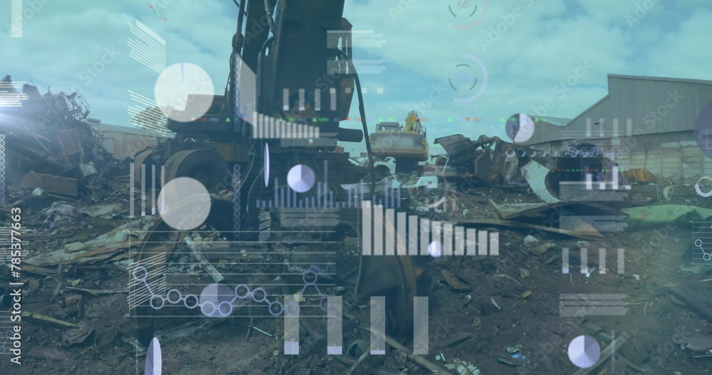 Poster image of graphs and charts processing data over industrial construction site
