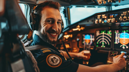 Grotesque image of a professional pilot drinking beer in flight - obrazy, fototapety, plakaty