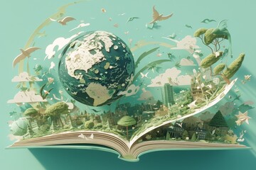 3D paper cut art of an open book with the world and greenery coming out, a globe made from leaves