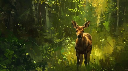 endearing baby moose standing in lush green forest digital painting - obrazy, fototapety, plakaty