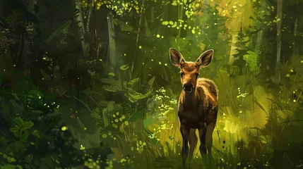 Foto op Aluminium endearing baby moose standing in lush green forest digital painting © Bijac