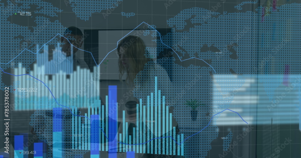 Poster image of data processing with graphs and world map over diverse business people at office