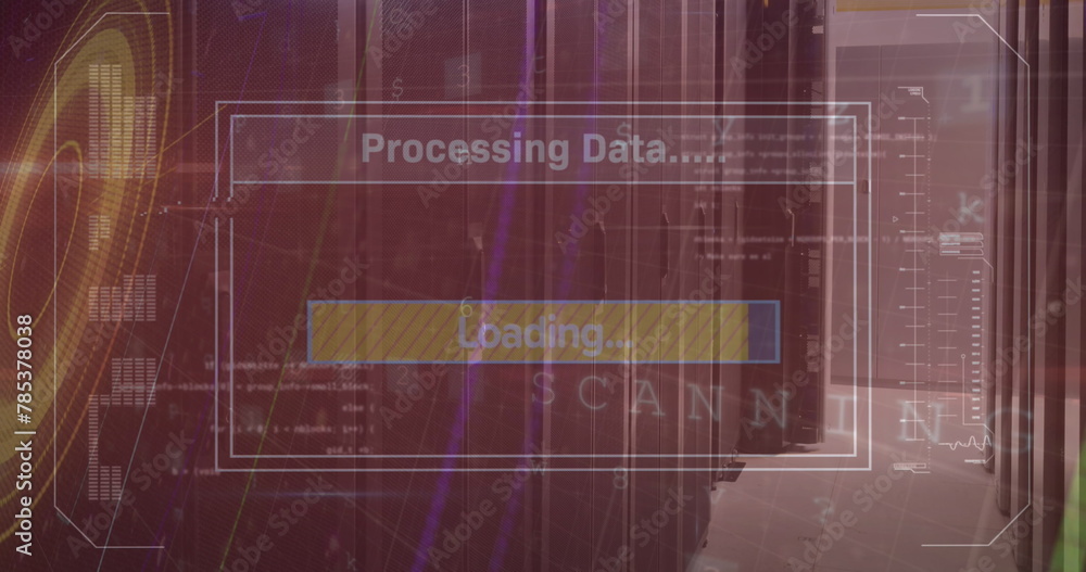 Poster image of cyber security data processing and light trails against empty computer server room