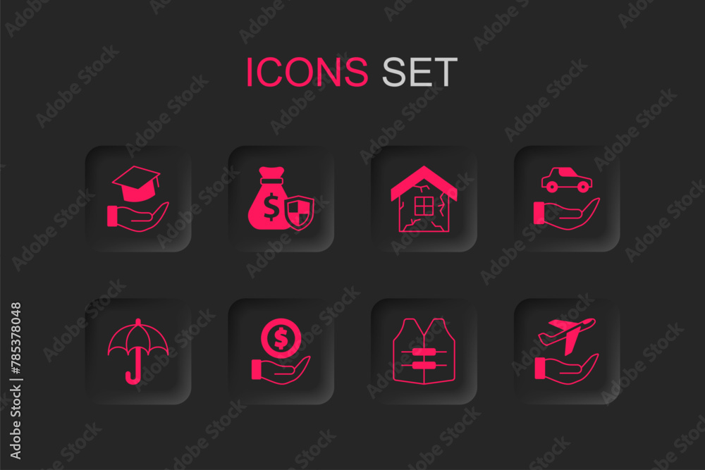 Poster Set Money with shield, bag, Education grant, Life jacket, Car insurance, Plane hand, House and Umbrella icon. Vector