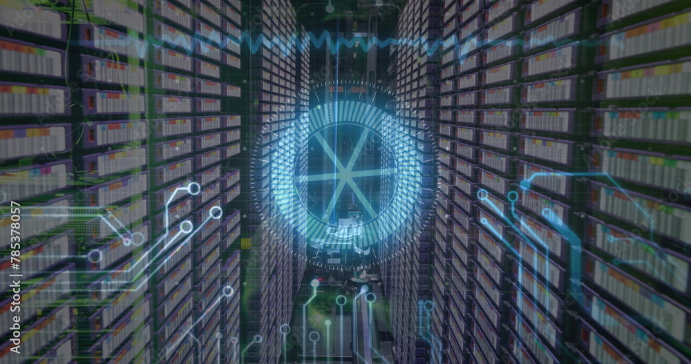 Poster image of neon round scanner and microprocessor connections against empty computer server room