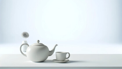 Fototapeta na wymiar A minimalist white teapot and cup set on a serene background, simple and elegant.