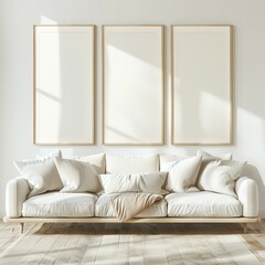 Frame Mockup Wall. Mockup frame in farmhouse living room interior. Interior mockup with rectangular vertical frame hanging on a white textured wall mockup house background.