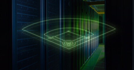 Image of neon shapes over server room