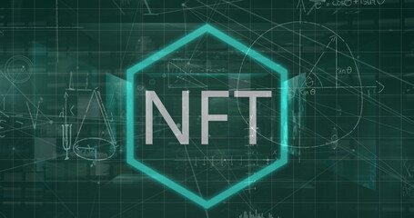 Image of nft text over network of connections and data processing with mathematical equations