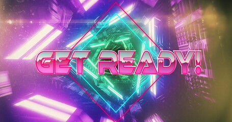 Image of get ready text over neon tunnel - Powered by Adobe