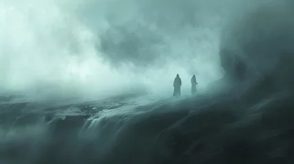 Fototapeten ethereal mist walkers navigating foggy realms mysterious fantasy landscape illustration © Bijac