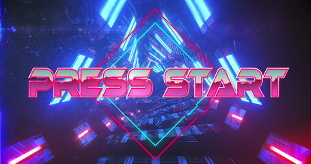 Image of press start text over neon tunnel