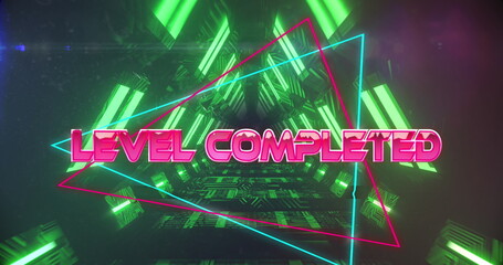 Image of level completed text over neon tunnel