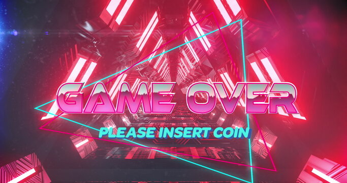 Image of game over please insert coin text over neon tunnel - Powered by Adobe