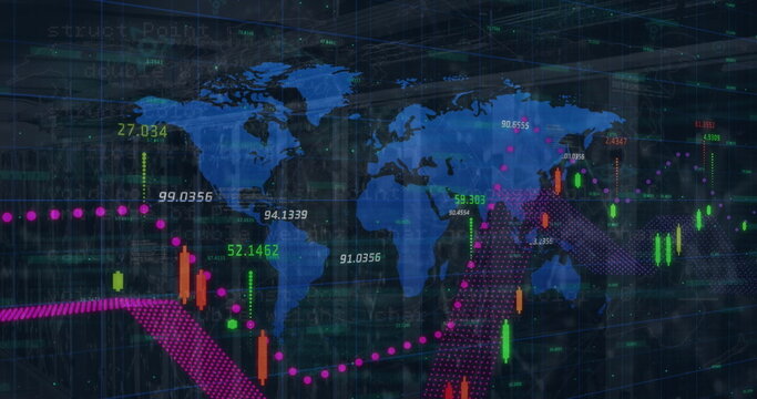 Image of financial data processing over world map against empty computer server room