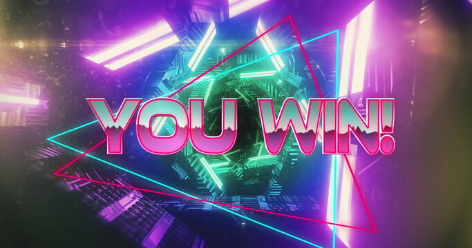 Image of you win text over neon tunnel