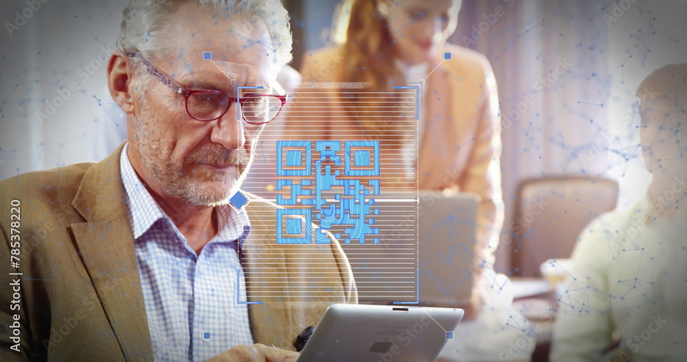 Poster image of qr code and connected dots over senior caucasian businessman using tablet in office