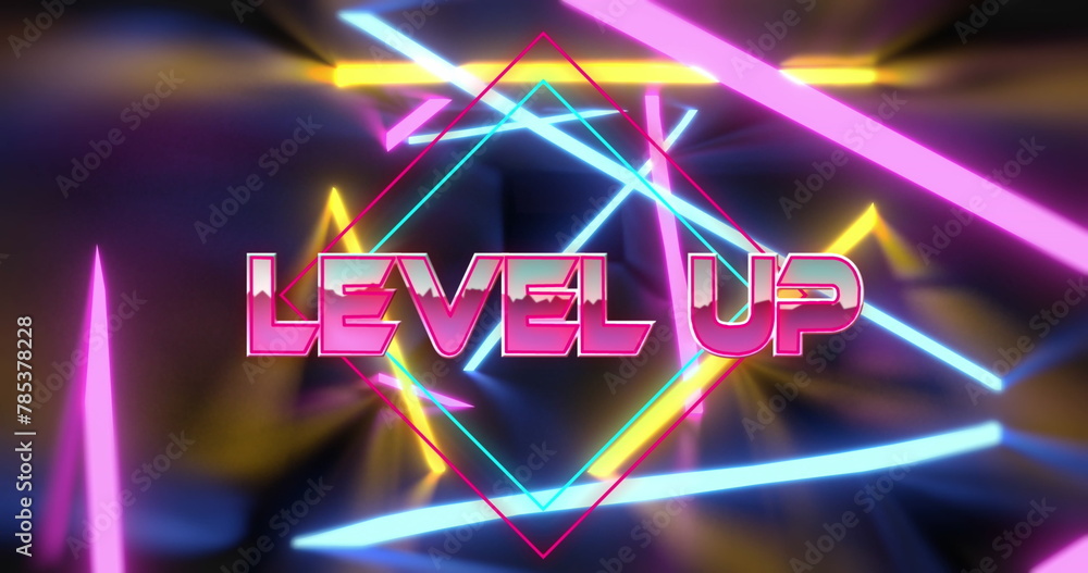 Poster image of level up text over neon lines
