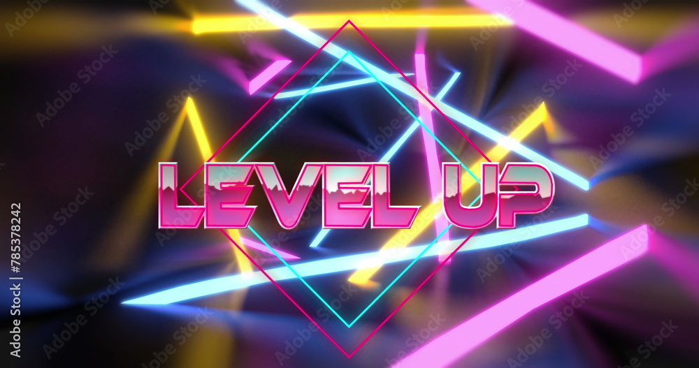 Poster image of level up text over neon lines