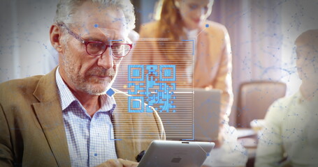 Image of qr code and connected dots over senior caucasian businessman using tablet in office