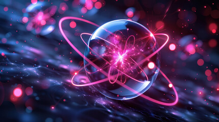 Abstract image of atom - quantum effects, thermonuclear fission concept - obrazy, fototapety, plakaty