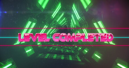 Image of level completed text over neon tunnel