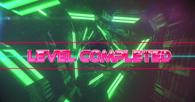 Image of level completed text over neon tunnel - Powered by Adobe