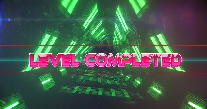 Image of level completed text over neon tunnel