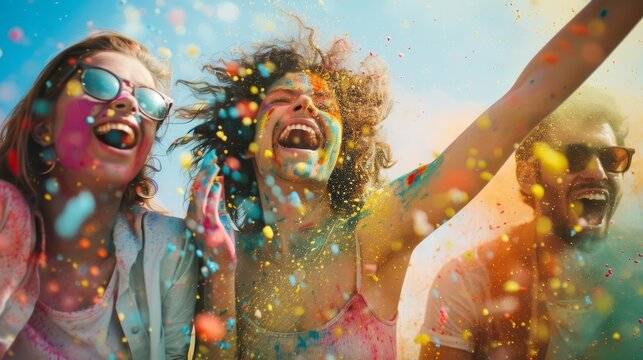 excited diverse people celebrating with vibrant holi colored powders joyful festival moments dynamic abstract photography