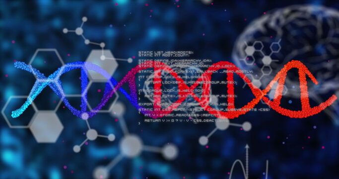 Image of dna strands with data processing over human brains