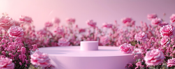 Fototapeta na wymiar Rose spring flower Podium background product pink spring beauty stand display nature. generative ai