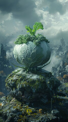 A large white cabbage is sitting on a rock in a city. The cabbage is surrounded by green leaves and he is growing out of the rock. The scene has a surreal and whimsical feel to it