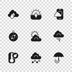Set Hail cloud, Cloud and lightning, Umbrella, Sun weather, Weather forecast app, with rain, Sunset and Compass icon. Vector