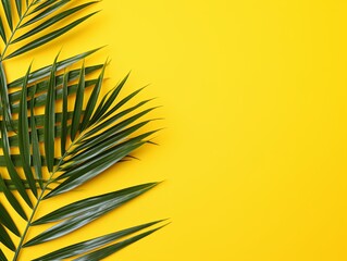 Palm leaf on a yellow background with copy space for text or design. A flat lay, top view. A summer vacation concept